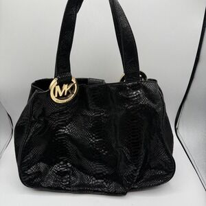 Michael Kors Shoulder Bag Womens Medium Snakeskin Embossed Tote Purse Black MK